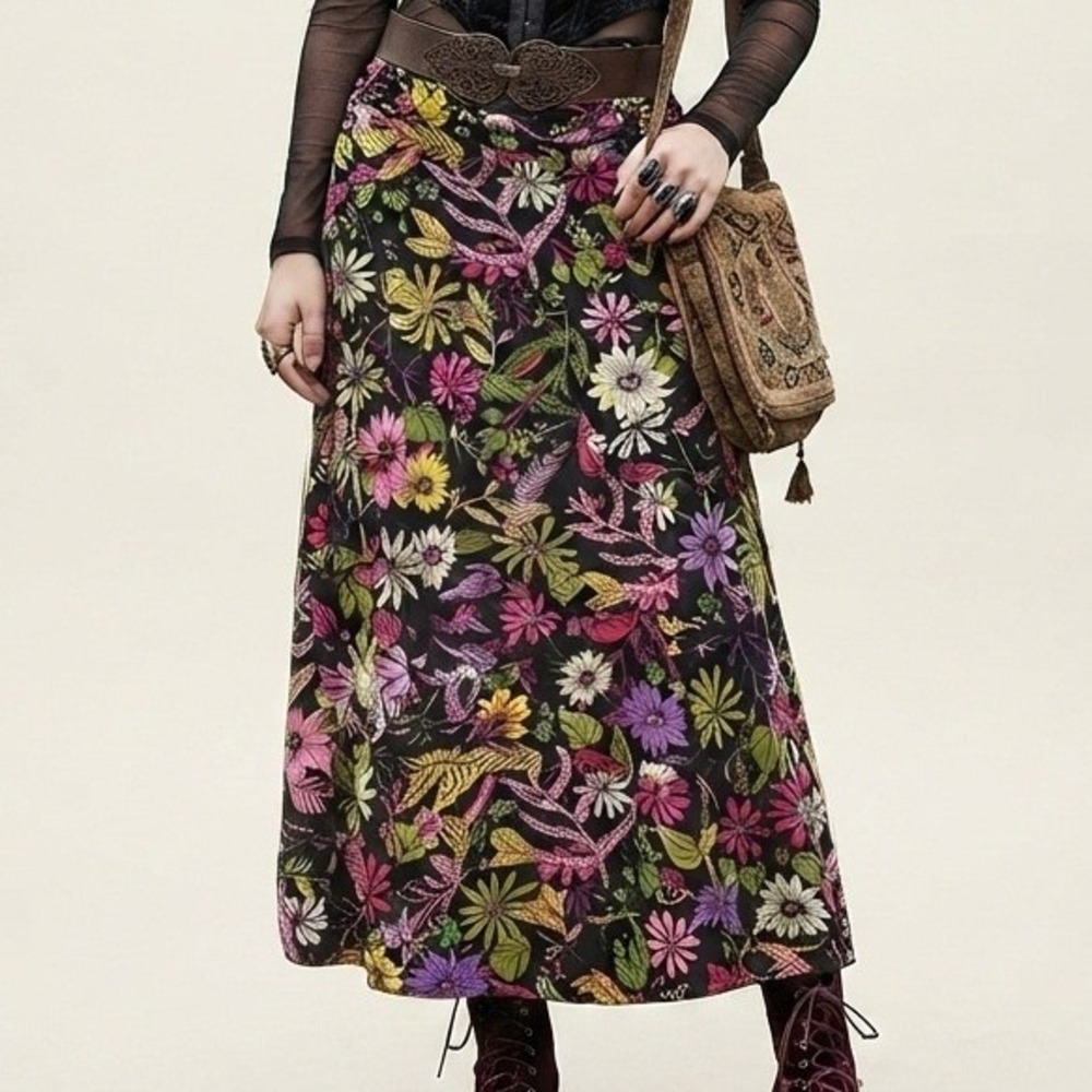floral Maxi Skirt Black XL stretch whimsigoth fairy grunge boho botanical hippie